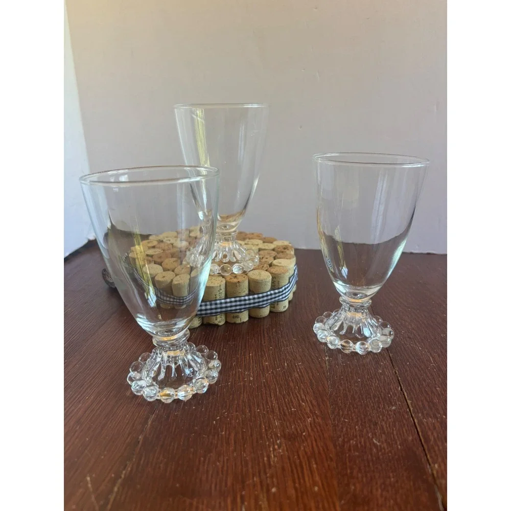 Vintage Clear Glass Goblets Set of 3 Beaded Pedestal Base Wine Water‎ Glasses
